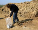 Voor nader onderzoek worden de restanten van een Romeins graf geborgen. (19-3-2009 - Jan Dolmans)