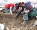 Met troffels, krabbers en borstels wordt voorzichtig gewerkt. (16-9-2009 - Jan Dolmans)