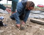 Voorzichtig wordt de grond rondom het aardewerk verwijderd. (16-9-2009 - Jan Dolmans)