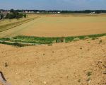 Panorama foto van een deel van de stroomgeulverbreding ten noorden van 'de daal'  in Borgharen. Nu nog akkerland, straks natuurgebied. Vooral in dit gebied zijn archeologische opgravingen geweest met soms verbluffende resultaten.  (5-7-2011 - Reen van Beek)